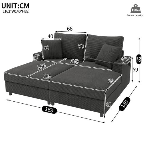 Sofá-cama 2 lugares fixa de tecido,cinza Sofá-cama 2 lugares fixa de tecido,cinza