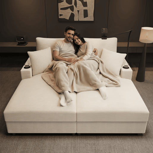 Sofá-cama 2 lugares fixa de tecido,bege