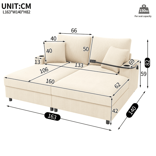 Sofá-cama 2 lugares fixa de tecido,bege