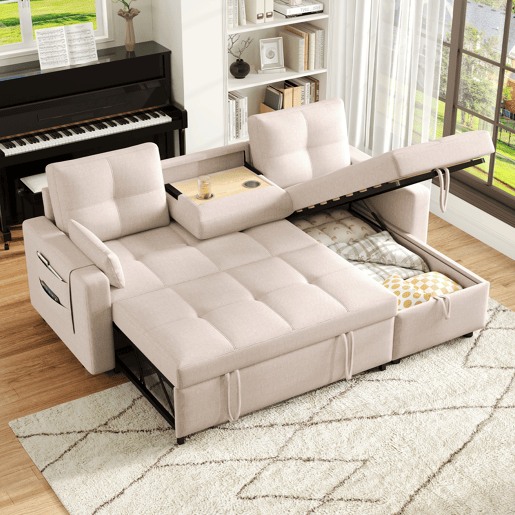 Sofá-cama 3 lugares conversível reversível de linho com armazenamento,bege