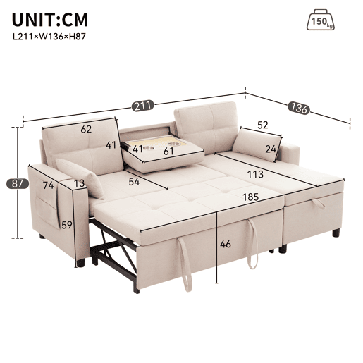 Sofá-cama 3 lugares conversível reversível de linho com armazenamento,bege