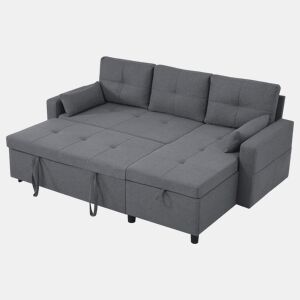 Sofá-cama 3 lugares conversível reversível de linho com armazenamento,cinza