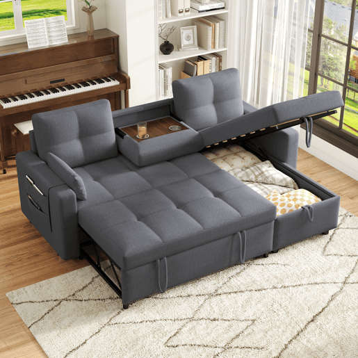 Sofá-cama 3 lugares conversível reversível de linho com armazenamento,cinza