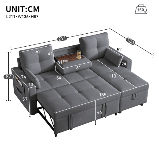 Sofá-cama 3 lugares conversível reversível de linho com armazenamento,cinza