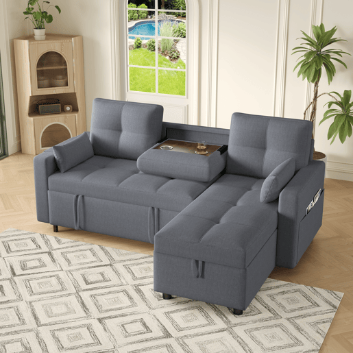 Sofá-cama 3 lugares conversível reversível de linho com armazenamento,cinza