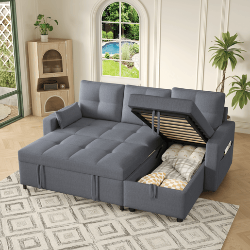 Sofá-cama 3 lugares conversível reversível de linho com armazenamento,cinza