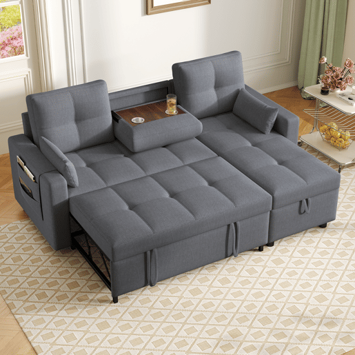 Sofá-cama 3 lugares conversível reversível de linho com armazenamento,cinza
