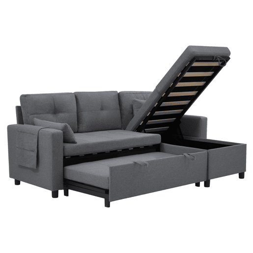 Sofá-cama 3 lugares conversível reversível de linho com armazenamento,cinza