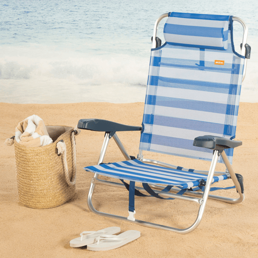 Conjunto de 2 cadeiras de praia baixas com múltiplas posições, 47x49x82 cm, estilo náutico. Conjunto de 2 cadeiras de praia baixas com múltiplas posições, 47x49x82 cm, estilo náutico.