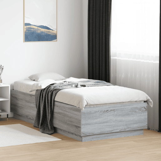 Estrutura de cama de solteiro para adultos c luzes LED derivados madeira cinzento sonoma