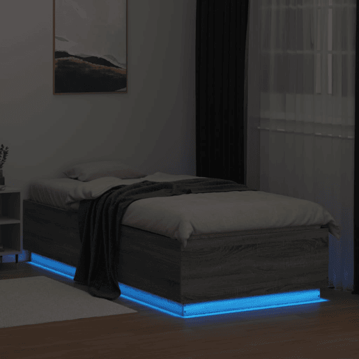 Estrutura de cama de solteiro para adultos c luzes LED derivados madeira cinzento sonoma