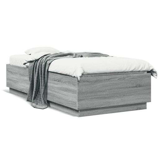 Estrutura de cama de solteiro para adultos c luzes LED derivados madeira cinzento sonoma