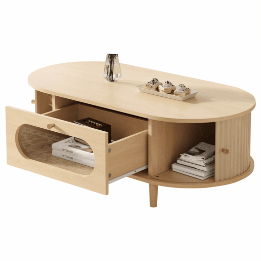 Mesa de centro 100x50x36 cm - com gaveta e porta deslizante, mesa de café para sala com 4 pés de apoio - cor carvalho