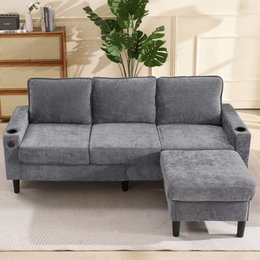 Sofá modular 4 lugares fixa de linho,cinza