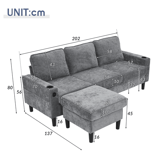 Sofá modular 4 lugares fixa de linho,cinza