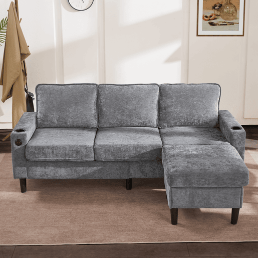 Sofá modular 4 lugares fixa de linho,cinza