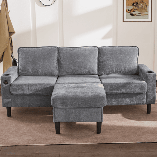 Sofá modular 4 lugares fixa de linho,cinza