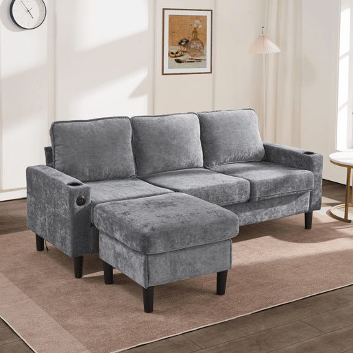 Sofá modular 4 lugares fixa de linho,cinza