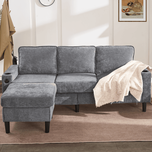 Sofá modular 4 lugares fixa de linho,cinza