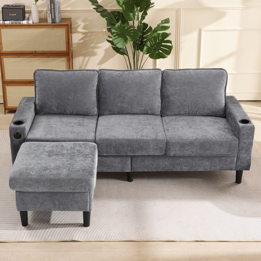 Sofá modular 4 lugares fixa de linho,cinza