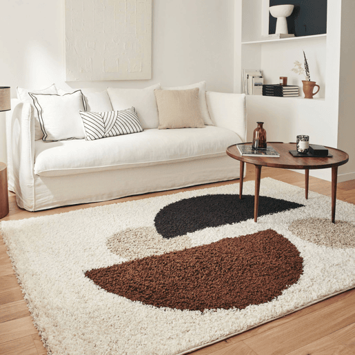 Tapete interior shaggy com padrões circulares bege, marrom, preto - 290x200x3 cm