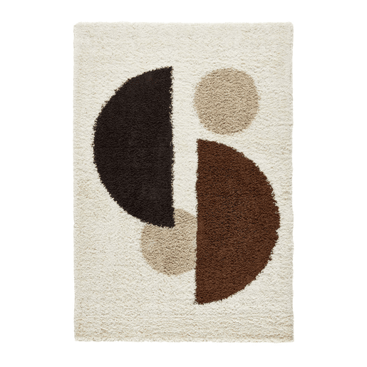 Tapete interior shaggy com padrões circulares bege, marrom, preto - 160x120x3 cm