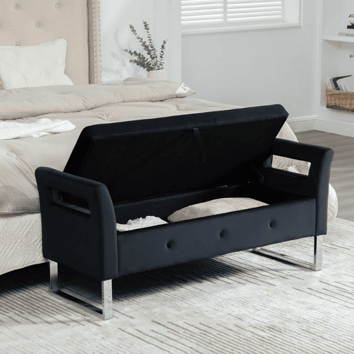 Banqueta com arrumação - com apoios de braços - para sala, corredor e quarto - Preto