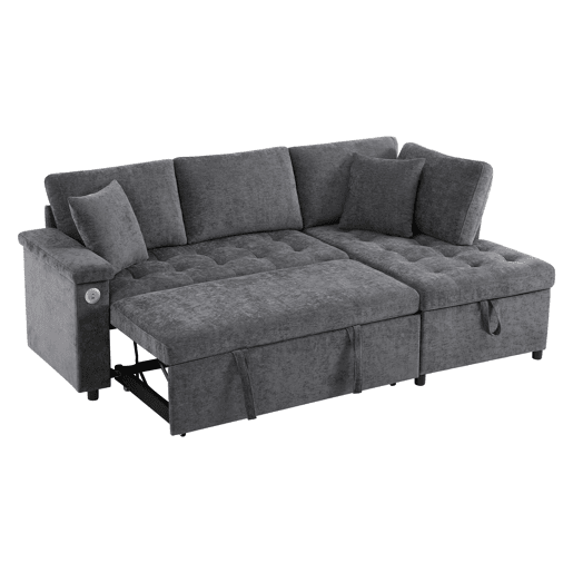 Sofá-cama 3 lugares conversível direito de tecido com armazenamento,cinza