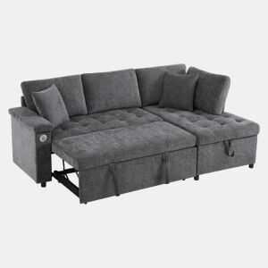 Sofá-cama 3 lugares conversível direito de tecido com armazenamento,cinza