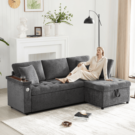 Sofá-cama 3 lugares conversível direito de tecido com armazenamento,cinza