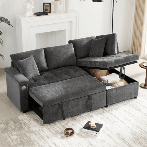 Sofá-cama 3 lugares conversível direito de tecido com armazenamento,cinza