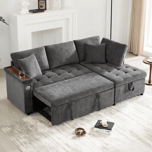 Sofá-cama 3 lugares conversível direito de tecido com armazenamento,cinza
