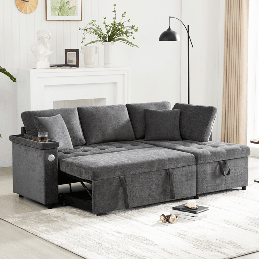Sofá-cama 3 lugares conversível direito de tecido com armazenamento,cinza