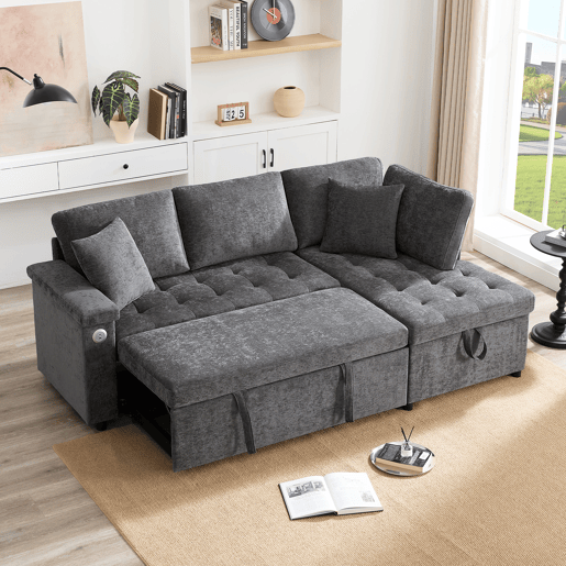 Sofá-cama 3 lugares conversível direito de tecido com armazenamento,cinza
