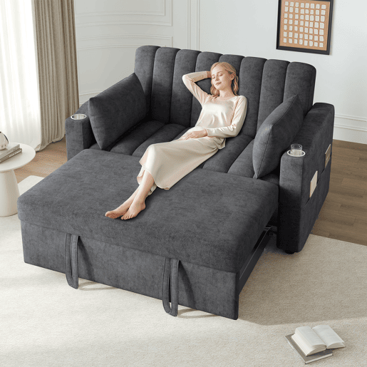Sofá-cama 2 lugares conversível de algodão e linho,cinza Sofá-cama 2 lugares conversível de algodão e linho,cinza