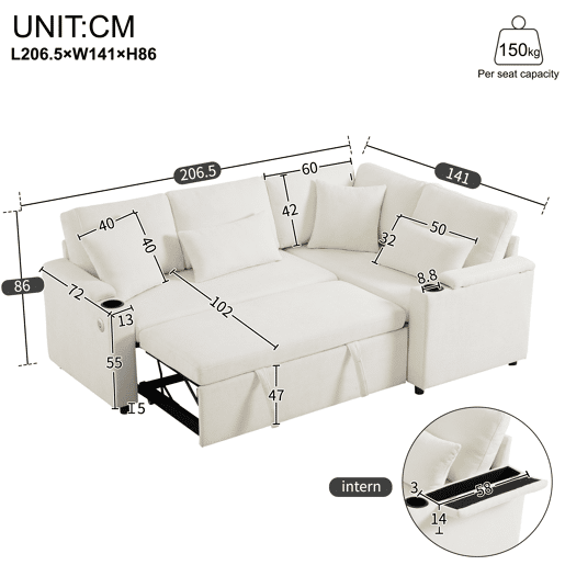 Sofá-cama 4 lugares conversível direito de tecido com armazenamento,bege