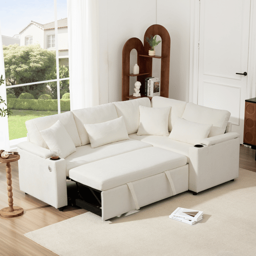 Sofá-cama 4 lugares conversível direito de tecido com armazenamento,bege