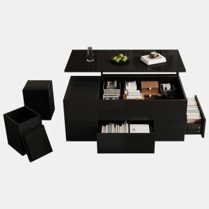 Mesa de centro elevável retangular de painel de partículas com luz led,preto