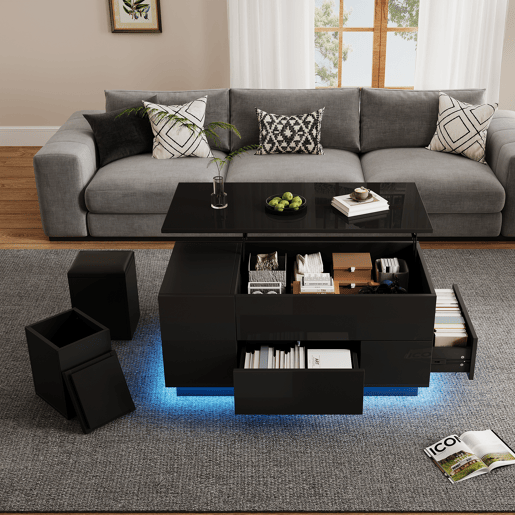 Mesa de centro elevável retangular de painel de partículas com luz led,preto
