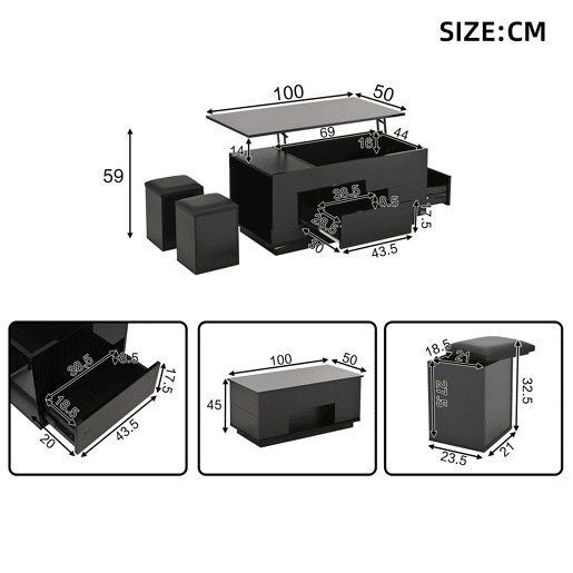 Mesa de centro elevável retangular de painel de partículas com luz led,preto