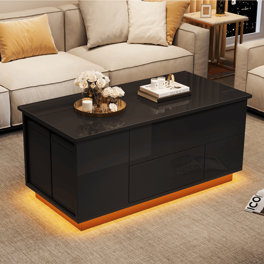 Mesa de centro elevável retangular de painel de partículas com luz led,preto