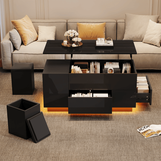 Mesa de centro elevável retangular de painel de partículas com luz led,preto