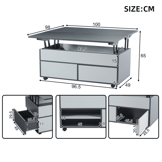 Mesa de centro elevável retangular de painel de partículas,cinza+branco Mesa de centro elevável retangular de painel de partículas,cinza+branco
