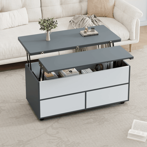 Mesa de centro elevável retangular de painel de partículas,cinza+branco Mesa de centro elevável retangular de painel de partículas,cinza+branco