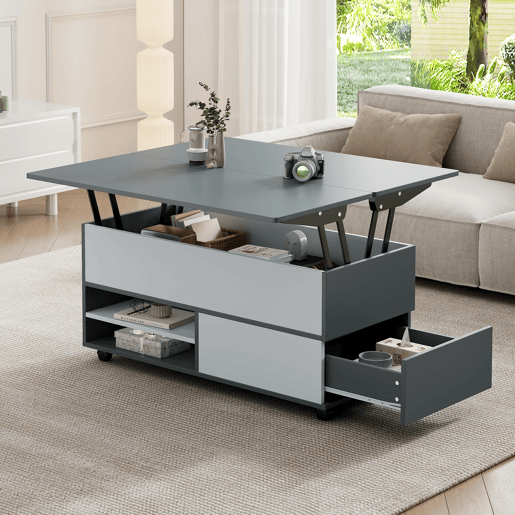 Mesa de centro elevável retangular de painel de partículas,cinza+branco Mesa de centro elevável retangular de painel de partículas,cinza+branco
