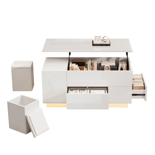 Mesa de centro elevável retangular de painel de partículas com luz led,branco Mesa de centro elevável retangular de painel de partículas com luz led,branco