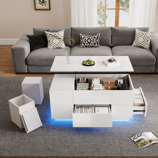 Mesa de centro elevável retangular de painel de partículas com luz led,branco Mesa de centro elevável retangular de painel de partículas com luz led,branco