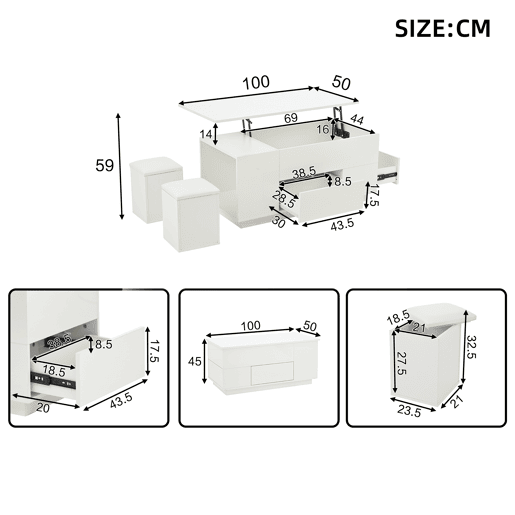Mesa de centro elevável retangular de painel de partículas com luz led,branco Mesa de centro elevável retangular de painel de partículas com luz led,branco