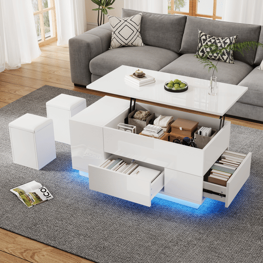 Mesa de centro elevável retangular de painel de partículas com luz led,branco Mesa de centro elevável retangular de painel de partículas com luz led,branco