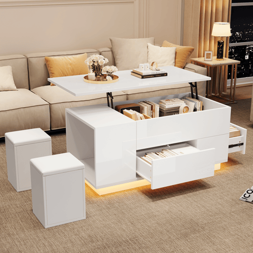 Mesa de centro elevável retangular de painel de partículas com luz led,branco Mesa de centro elevável retangular de painel de partículas com luz led,branco